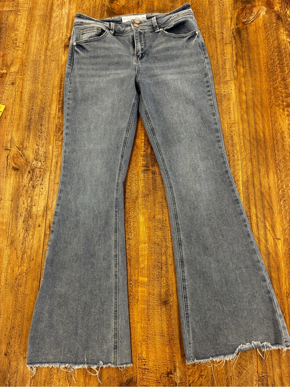 Indigo Rein Gray-Blue Flared Jeans with Raw Hem
